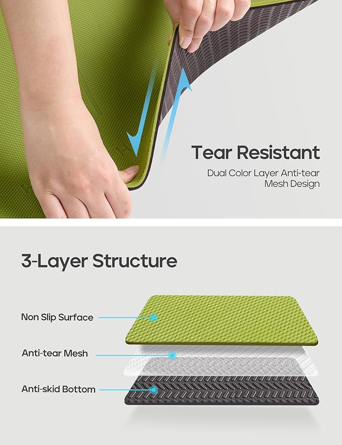 Heathyoga Yoga Mat Non Slip TPE Pilates Exercise Mats for Home Workout Gym Fitness Eco Friendly Thick Hot Yoga Mat with Strap Body Alignment,72"x 26" Thickness 1/4"