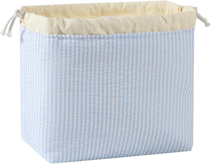 Cotton Quilted Seersucker Makeup Bag with Canvas Lining,Coquette Aesthetic Cute Travel Toiletry Bag,Drawstring Gift Bag for Women and Girls（Seersucker）
