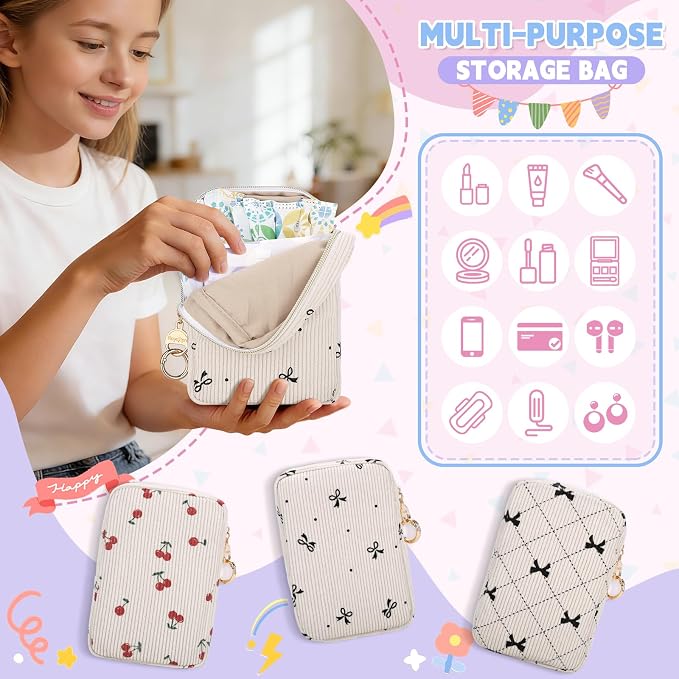 Corduroy Tampon Holder for Purse, Cute Large Period Bag with Ring Buckle, Portable Tampon Bag Organizer Case for Feminine Products (Bow-Beige)