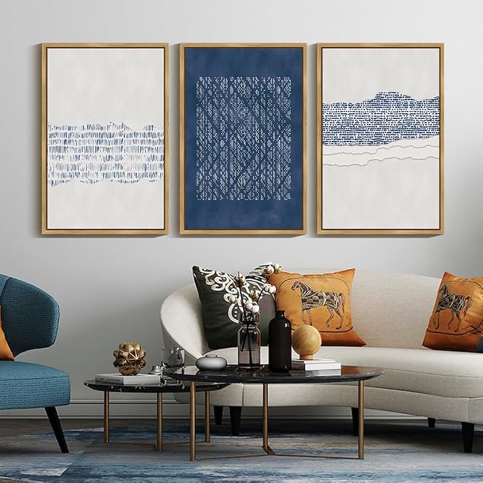 Drsoum Blue Abstract Boho Framed Wall Art Large 24x36in Minimalist Mid-Century Modern Wall Decor Geometric Artwork Kitchen Dining Room Black Framed