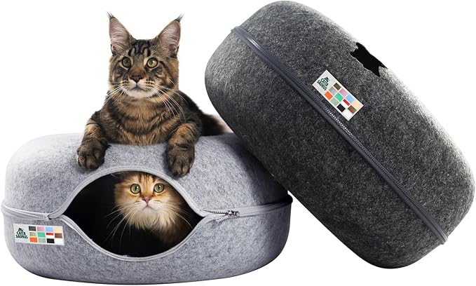 Peekaboo Cat Cave Donut for Multiple & Large Cats up to 30-45 lbs, 3-in-1 Self Warming Cat Bed, Tunnel & Scratcher for Indoor Cats, Washable & Detachable (Light Gray + Dark Gray, Large)