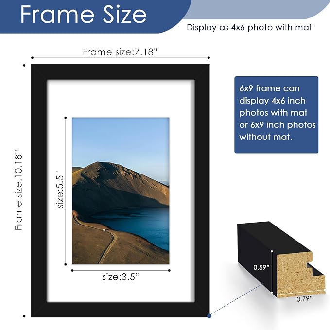 6x9 Picture Frame Set of 6, Wall or Tabletop Display, Black | Display Pictures 4x6 with Mat or 6x9 Without Mat, Horizontal or Vertical, Gallery Wall Frame Set, Wedding Birthday Gifts