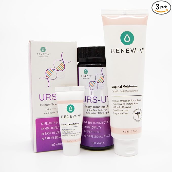 RenewV Women’s Intimate Care Bundle – UTI Test Strips 100ct & Vaginal Moisturizer 2oz with Sample – At-Home Urinary & Feminine Care Kit