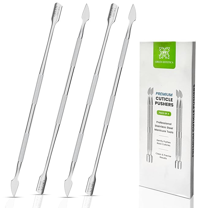 Professional Cuticle Pusher Tool - 4 Pcs Stainless Steel Dual Head Cuticle Trimmer, Spoon Shaped Nail Cleaner Tool & Nail Scraper Durable Pedicure & Manicure Tool for Fingernails & Toenails (Silver)