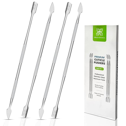 Professional Cuticle Pusher Tool - 4 Pcs Stainless Steel Dual Head Cuticle Trimmer, Spoon Shaped Nail Cleaner Tool & Nail Scraper Durable Pedicure & Manicure Tool for Fingernails & Toenails (Silver)
