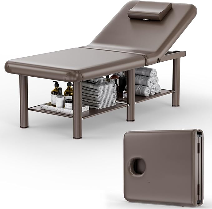 Olela Wide Foldable Massage Table - Professional Massage Table with Adjuatable Backrest & Large Storage Space, Treatment Tables with Metal Frame and Pu Leather for Spa, Beauty, Rehabilitation