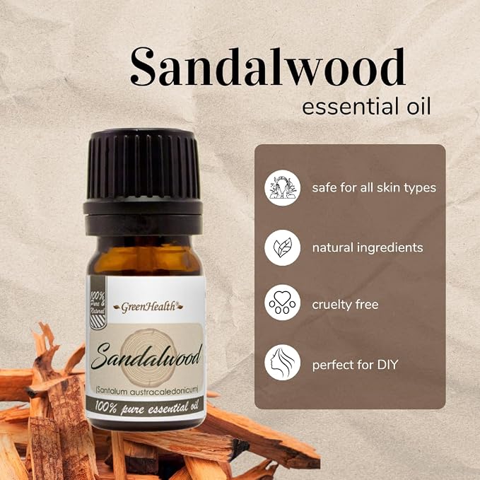 Sandalwood Essential Oil – 5 ml – 100% Pure & Natural – Premium Therapeutic Grade for Aromatherapy, Relaxation, Skin & Diffuser – GreenHealth