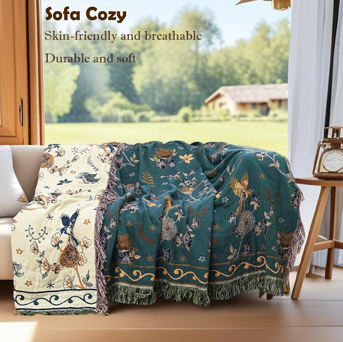 VANJOROY Boho 100% Cotton Large Throw Blanket - All Season Rustic Ultra Soft Breathable Floral Bird King Blanket for Bed Sofa Couch Chair Bedspread Quilt Gift, 91" x 98"-Teal/Beige