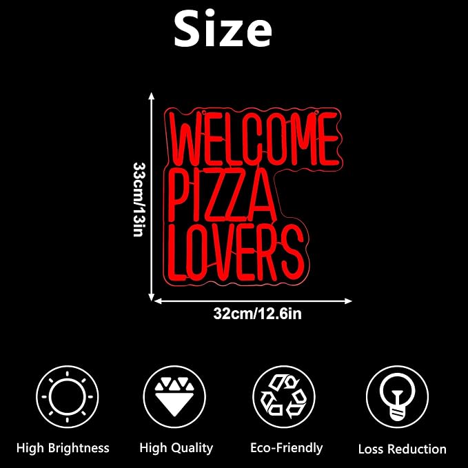 Welcome Pizza Lovers Neon Light, Red Dimmable LED Personalized Pizza Lovers Neon Sign, Family Restaurant Entertainment Room Food Theme Party Wall Neon Sign Decor Holiday Gift For Pizza Lovers, Children, Family (12.9*12.5in)