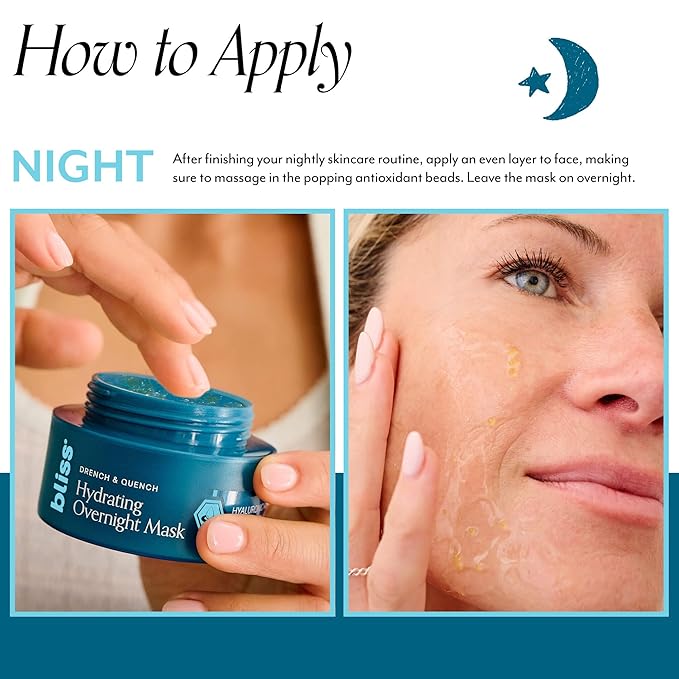 Bliss Drench & Quench Hydrating Overnight Collagen Mask with Hyaluronic Acid - Elasticity & Hydration Face Treatment for Glowing Skin