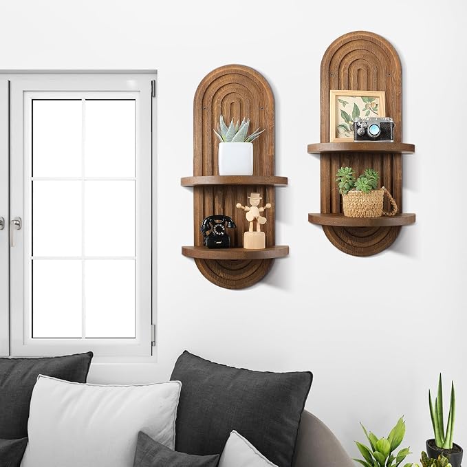2 Pcs Boho Wall Shelf Rainbow Arch Wooden Floating Shelf Mid Century Bohemian Hanging Holder Double Vintage Wall Mount Altar Decor for Nursery Bedroom 15.75 x 6.69 Inches(Brown)