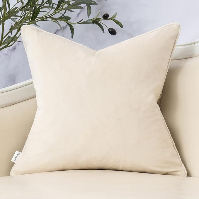 Beige Square Throw Pillow Cover Wavy Velvet Cushion Cover Modern Zippered Pillowcase for Sofa Couch Bedroom Living Room Chair, 18 x 18 Inch