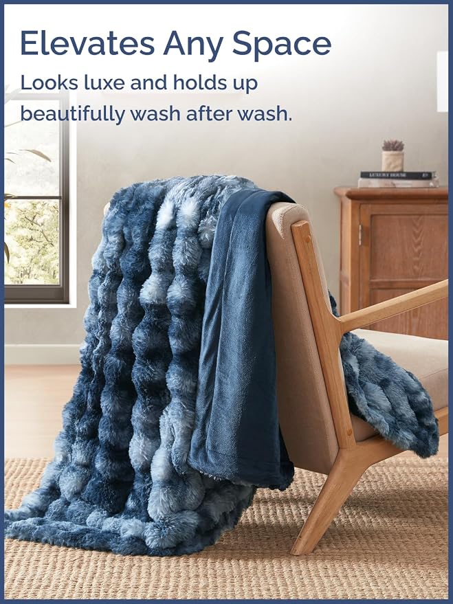 3D Fleece Bubble Blanket Twin - Rabbit Blanket - 60" x 80", Marble Blue | Soft Fluffy Faux Fur Blanket for Couch Sofa & Chair, Cozy Gifts for Women, Tie Dye Cloud Throw Bed Cover, Thick Plush Bedding