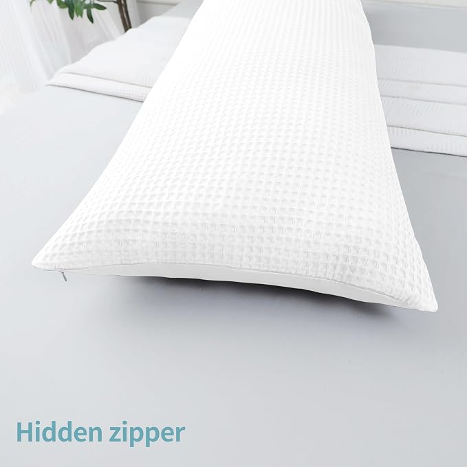 100% Egyptian Cotton 600 TC Waffle Weave Body Pillowcase with Zipper | 1 Pack Ultra Soft Breathable Pillow Cover, Skin-Friendly Bed Pillow Sham, Body Pillow Case Cover, White, 20" x 54"