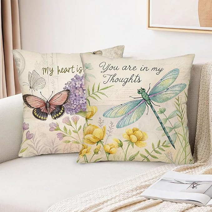 wyooxoo Throw Pillow Covers 16x16 Set of 4 Spring Summer Pillow Covers Linen Flower Butterfly Farmhouse Pillowcases for Sofa Couch Living Room Outdoor