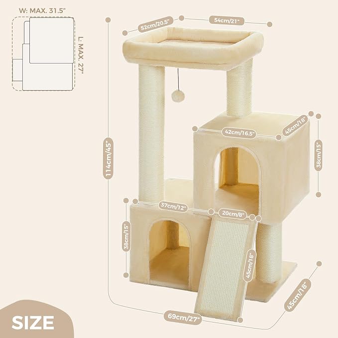 PAWZ Road Large Cat Tree, 45" Heavy Duty Cat Tower with Dual Condos, Beige | thick scratching posts(φ4.3"), 21"x21" spacious perch, large scratching ramp, dual condos for large&maine cats