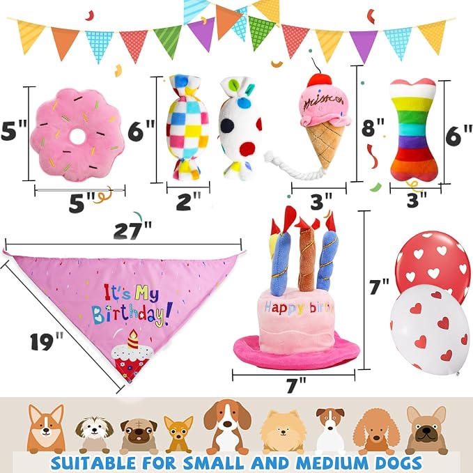 lilfrd 9Pcs Pink Dog Birthday Toy Set, Squeaky Hat Bandana Gift for Dogs