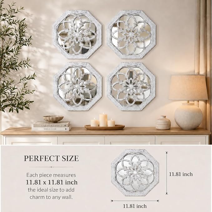 4 Pack 12 Inch Octagon Grey Rustic Wood Frame Acrylic Wall Mirrors, Farmhouse Boho Wall Art Decor for Living Room, Bedroom, Hallway, Entryway, Bathroom & Office