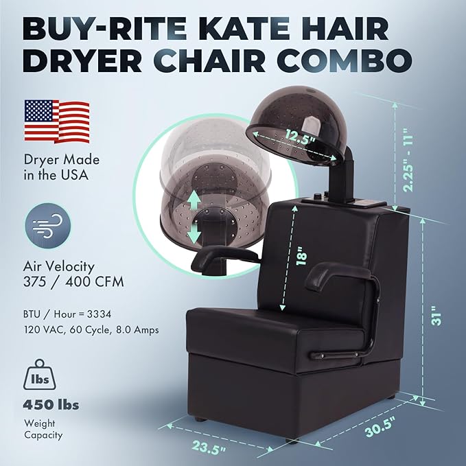 Buy-Rite Kate Set of 2 Professional Salon Hair Dryer & Dryer Chair Combinations, 980W Commercial Hooded Dryers, Heavy-Duty Wood Frame Chairs, Adjustable Hoods, Removable Arms, OD-431/HL-1500