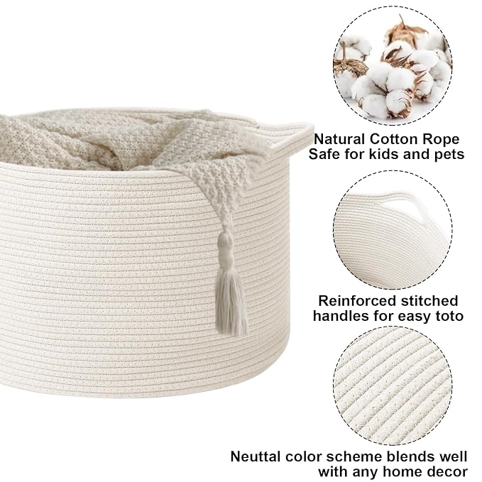 65L Large Blanket Basket,Woven Rope Laundry Basket-White | Collapsible, reinforced handles, nursery storage bin organizes clothes, toys and pillows for living room, bedroom bathroom