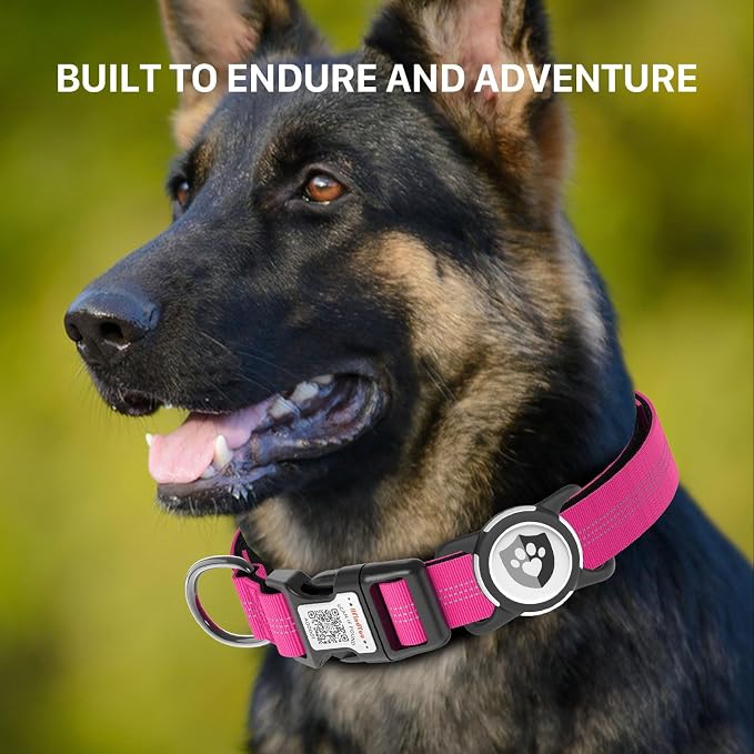 Waterproof AirTag Dog Collar with QR Code Dog Tag, Rose Red S | IP68 waterproof, QR code dog tag, Anti-Lost, Online profile, fits XS-L (8"-26"), Padded nylon, Reflective, No App, No Fees