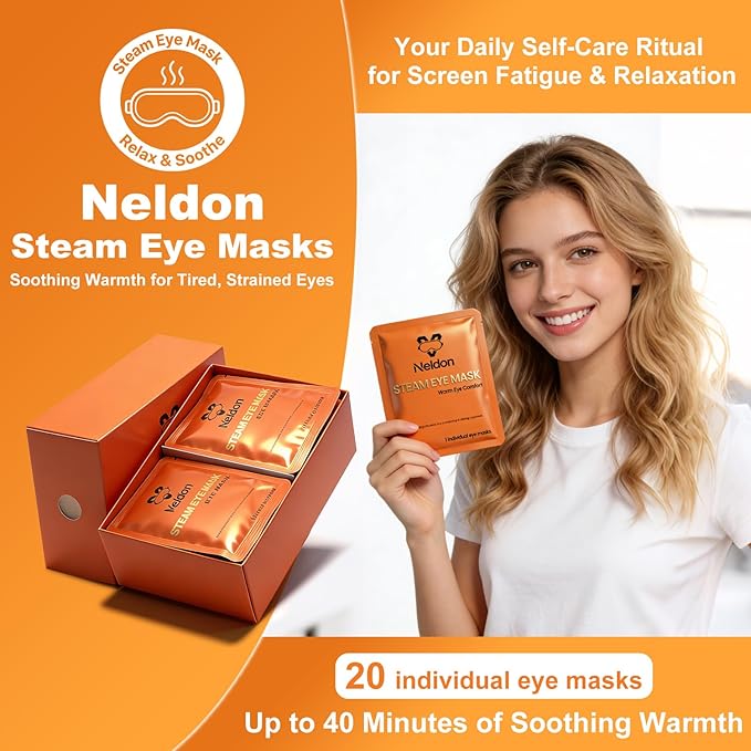 Neldon Steam Eye Mask Disposable 20 Pack, Self Heating Heated Warm Compress for Dry Eyes, Self-Warming Eye Pad for Sleep Travel Spa, Relaxation Gift for Women Men