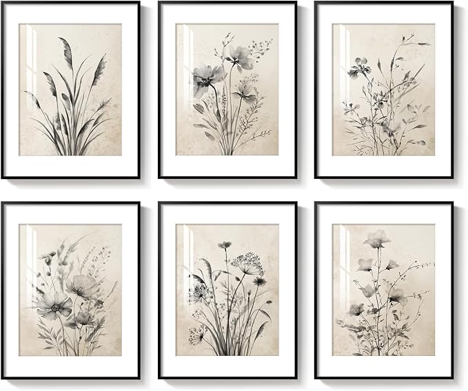 Framed Vintage Black and White Boho Botanical Wall Art, 6 Piece 11x14 In | Retro floral painting, Canvas prints with mat, Farmhouse neutral rustic flower artwork, Living room kitchen bedroom pictures