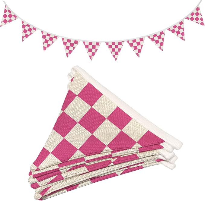 Girls Room Decor Hot Pink Checkered Fabric Garland Triangle Banners,Toddler Girl Playroom Nursery Bedroom Wall Decor, Race Car Party Supplies for Baby Shower Birthday,11Ft Bunting Flags