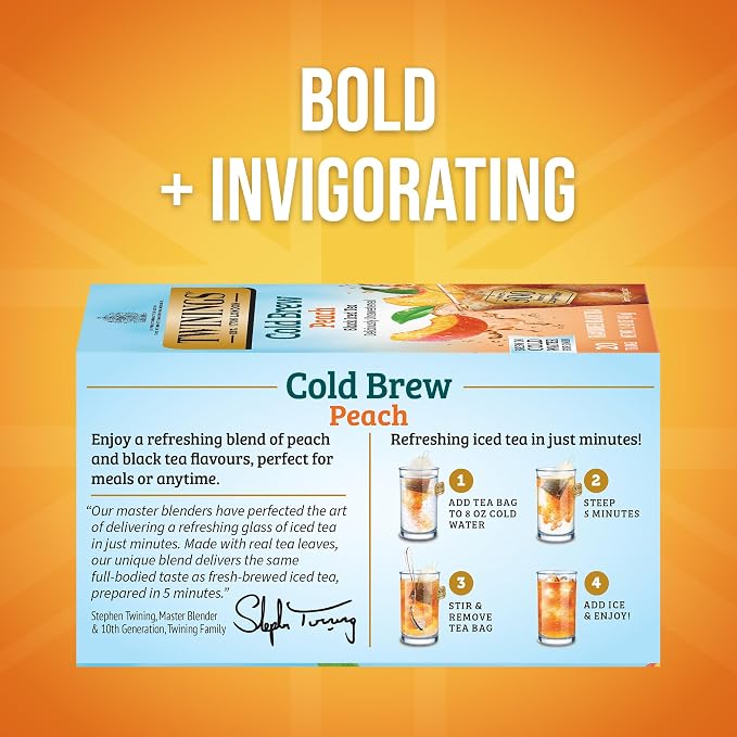 Twinings Peach Cold Brew Iced Tea Bags, 20 Count (Pack of 6), Unsweetened Flavoured Black Tea, Caffeinated, 120 Teabags
