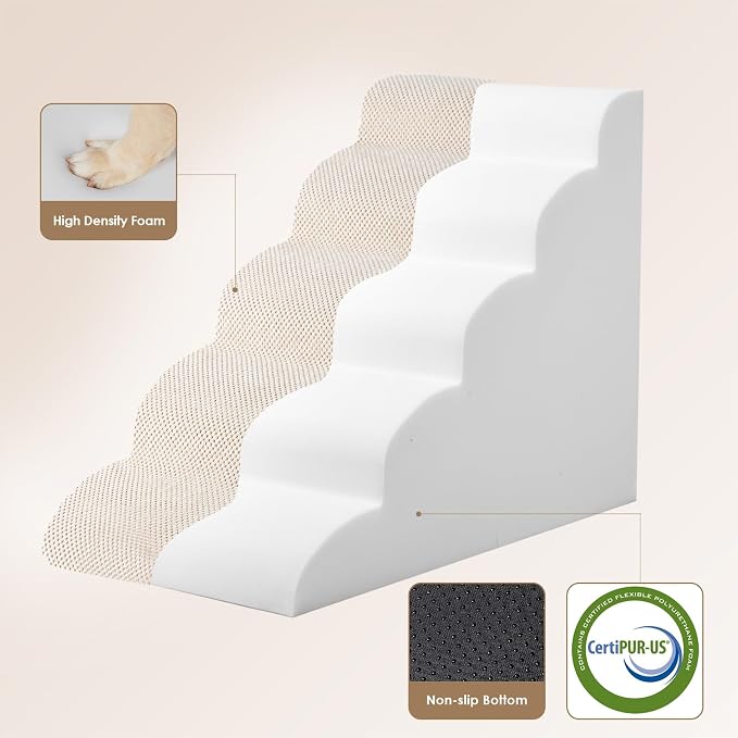 EHEYCIGA Curved Dog Stairs Ramp, 5-Step High Beds, 22.6" H Pet Step | 33D density of pure foam, for Small Dogs and Cats, Pet Stairs for High Bed Climbing, Non-Slip Balanced Indoor, Beige