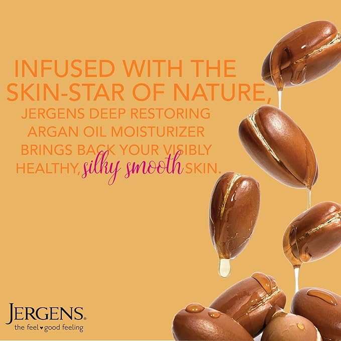 Jergens Deep Restoring Argan Oil Moisturizer, Soothing Body and Hand-Lotion with Reviving Argan_Oil and Vitamin E, Oil-Infused, Dermatologist Tested, 16.8 oz (Pack of 2)