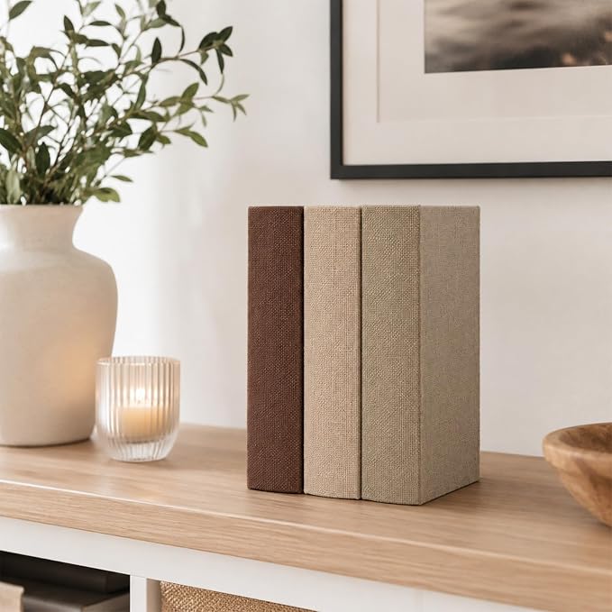 DECOR4SEASON Modern Linen and Wood Decorative Faux Book Boxes Set of 3, 8" | Stackable Storage Boxes for Shelves, Coffee Table, and Office Organization (Earth Tones)