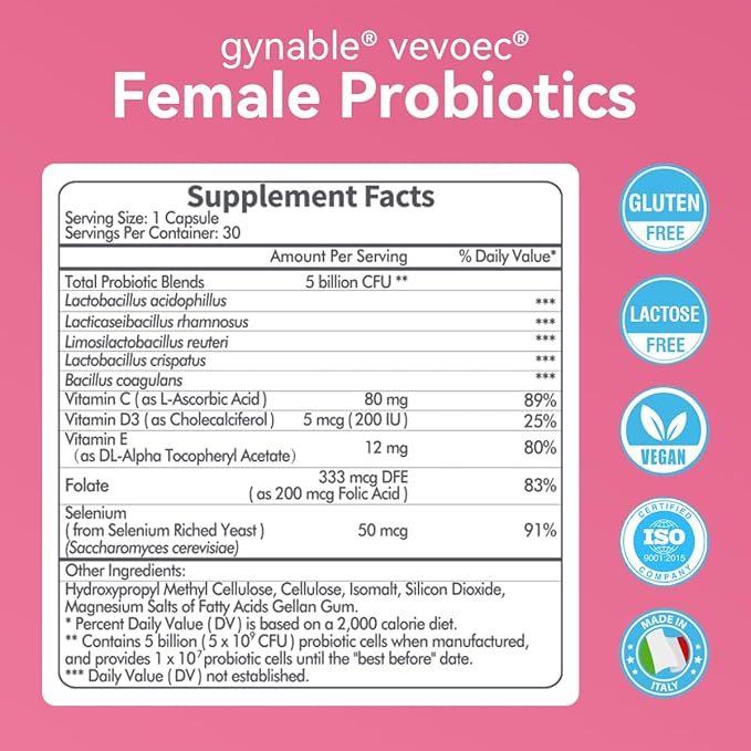 Gynable Vaginal Probiotics for Women,Female Probiotic for pH Balance with Lactobacillus 5 Billion CFU Probiotics Blend,Selenium-Vitamin D3,Promote Healthy Vaginal Odor & Vaginal Flora,60 Count