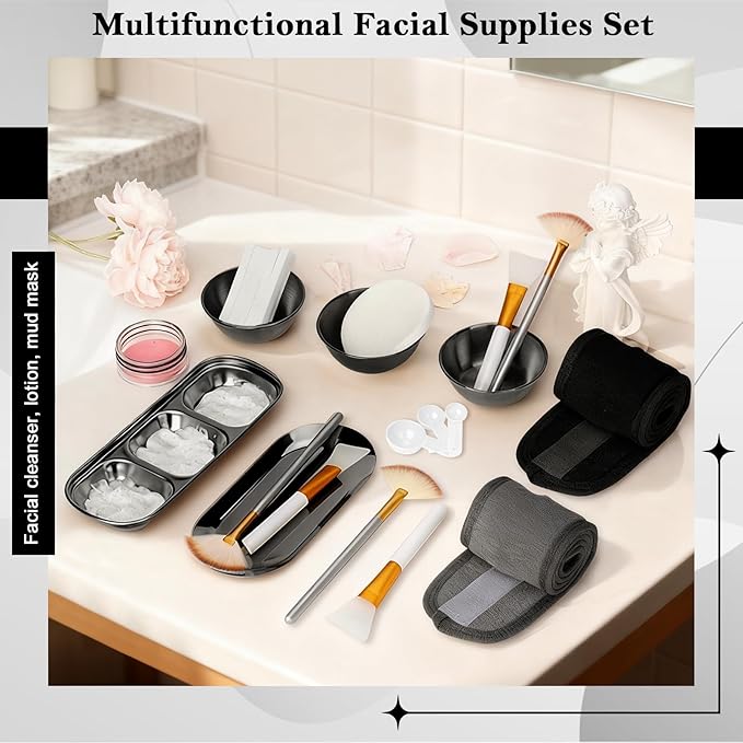 28 Black Facial Supplies 3 Facial Mask Mixing Bowls 3 Facial Fan Brushes 3 Mask Applicator Brushes 3 Mask Measuring Spoons Skincare Tray 3-Compartment Serving Tray 12 Facial Sponges 2 Spa Headbands
