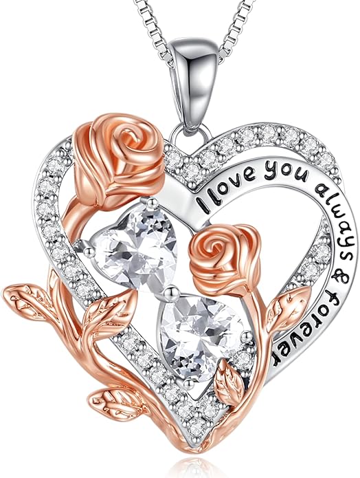 I Love You Birthstone Necklace, 925 Sterling Silver Heart Pendant with CZ Diamond Stones, Birthday Gifts for Women, Romantic Gift for Wife, Girlfriend, Her, Anniversary, Valentine's Day, Christmas