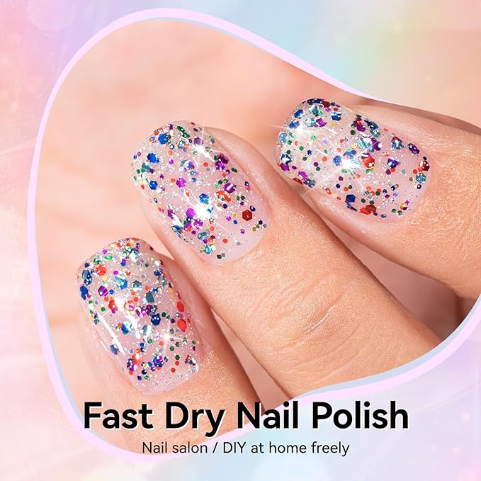 Sparkle Nail Polish, Glitter Purple Blue Red Fast Dry Confetti Nail Polishes, No UV Lamp Needed, Vegan, Long Lasting Gradient Nail Art DIY Home Travel Manicure Gift