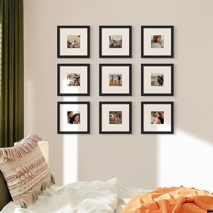 upsimples 8x8 Picture Frame, Photo Collage Wall Decor Set of 10, Black | Fit 4x4 and 8 x 8 Square Photos, Wall or Tabletop Display, For Gallery Hallway Living Room, For Christmas