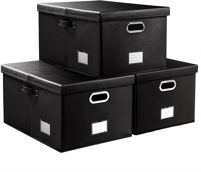 Collapsible Storage Box with Lid [3-Pack] Leather Fabric Foldable Storage Bin Organizer Container Basket Cube with Cover for Home Bedroom Closet Office Nursery Black(22.8X15.7X11.8)