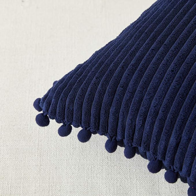 Fancy Homi 2 Pack Navy Blue Lumbar Decorative Throw Pillow Covers 12x24 Inch with Pom-poms for Couch Bedroom Sofa, Farmhouse Boho Home Decor, Soft Corduroy Solid Rectangle Cushion Case 30x60 cm