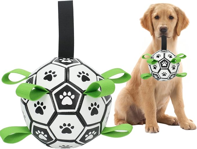 Dog Soccer Ball with Straps, 6 Inch Herding Dog Ball Toys Dog Birthday Toy, Balls for 20-40lbs Dogs, Outdoor Puppy Toys to Keep Them Busy, Interactive Toy for Tug, Pool Water Toy Ball