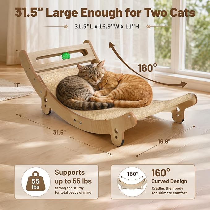 31.5" Sisal Cat Scratcher Bed with Bell Balls Wooden Cat Furniture(XXL) | Cat Scratching Post for Indoor Cats Hammock.Natural Sisal Cat Scratch.Anti Slip and Stable Without Shaking.Easy to install