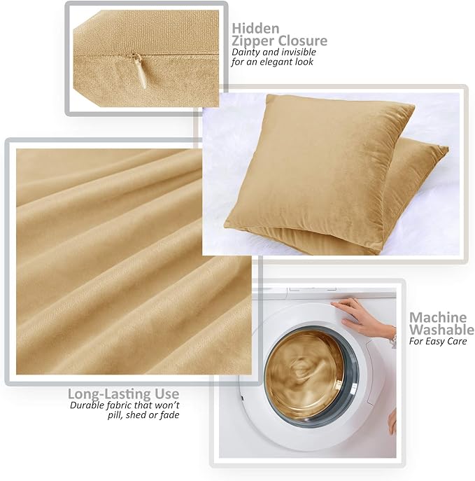 Throw Pillow Inserts Pack of 2 with Velvet Soft Solid Decorative Square Throw Pillow Covers Set for Sofa Couch Car Bedroom, 18X18 Throw Pillows Inserts with 16x16 Washable Cushion Covers, Camel Gold