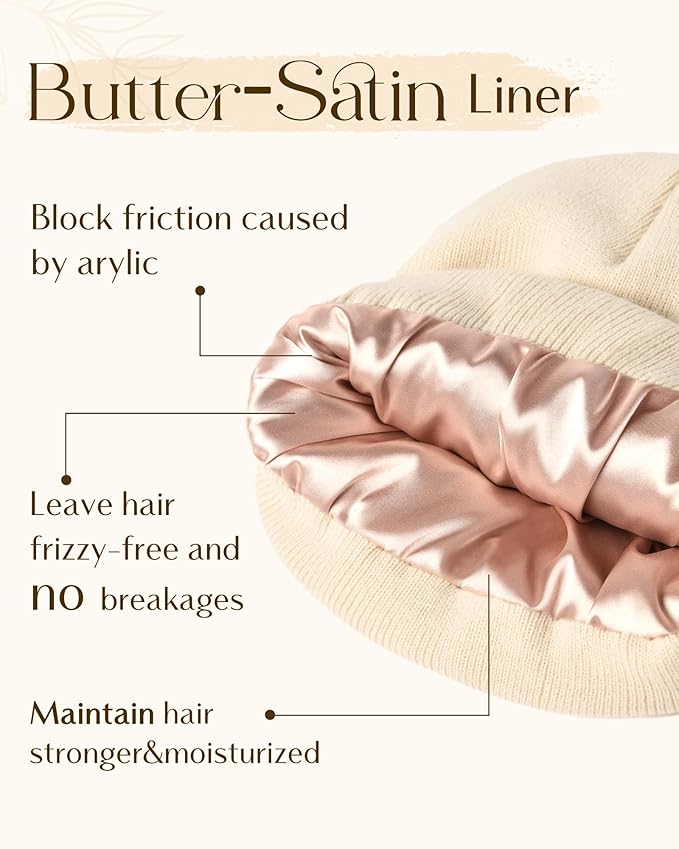 YANIBEST Satin Lined Beanie for Women Reduce Frizz Winter Hats for Women Men Silk Lining Soft Slouchy Warm Cuffed Less Static