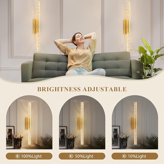 camuucci Battery Operated Wall Sconces Set of 2, Rechargeable Wall Lights | 12000mAh Long-Lasting Battery,Dimmable Cordless Sconce,No Wiring Needed for Bedroom,Living Room,Gold 25.6-Inch