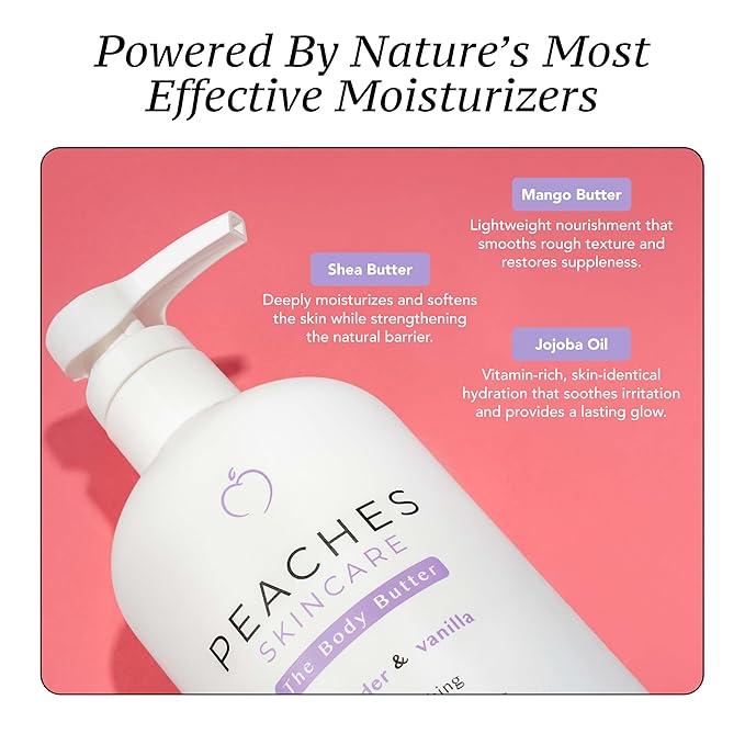 Peaches Skin Care Body Butter with Shea and Mango Butter – Rich Hydrating Formula for Soft, Smooth-Looking Skin – Daily Body Care for Men and Women, Lavender & Vanilla Scent, 16 oz