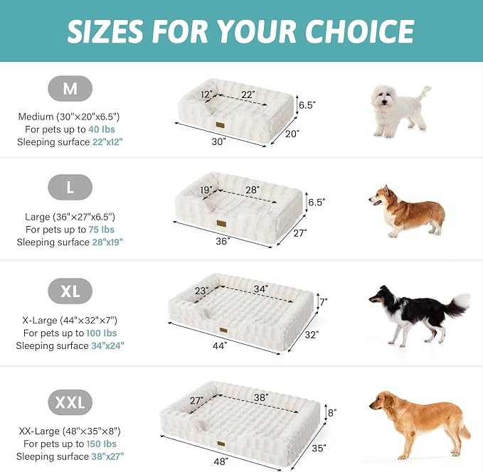 COZY KISS Faux Fur Orthopedic Dog Bed Washable for Extra Large Dogs, XXL | Soft Warm Pet Sofa with Sides or Bolster, Non-Slip and Big Dog Couch with Removable Waterproof Cover, 48x35 inch, Beige