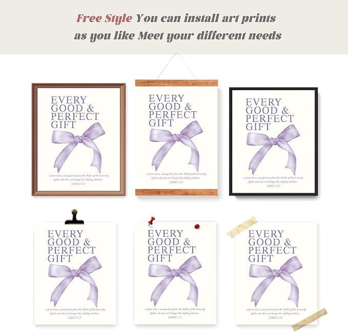 LARTSFRO Coquette Purple Bow Christian Wall Art Decor Posters, Purple Bow Room Bedroom Bathroom Dorm Wall Art Decor Aesthetic for College Teen Girls Gifts, Inspirational Bible Verses Bow Wall Decor, 10x8 Inch Set of 4 Pcs Bow Pictures (UNFRAMED)