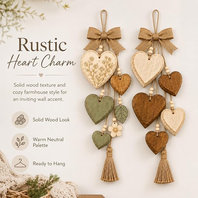 Rustic Solid Wood Heart Wall Hanging, Farmhouse Burlap Bow Decor with Distressed Wooden Hearts & Pendants, Romantic Art for Bedroom & Home Room, Vintage Charm Art Decor Signs(Natural Cream)