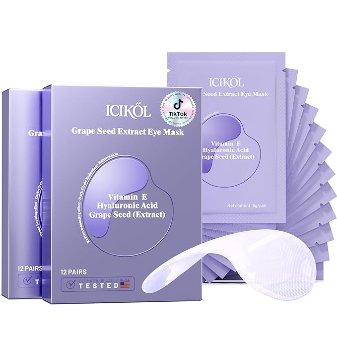 Instant tightener under eye patches with Grape Seed, Dark circles treatment eye patches with Women beauty, Puffy eyes treatment of under eye mask, 24 Pairs, Purple