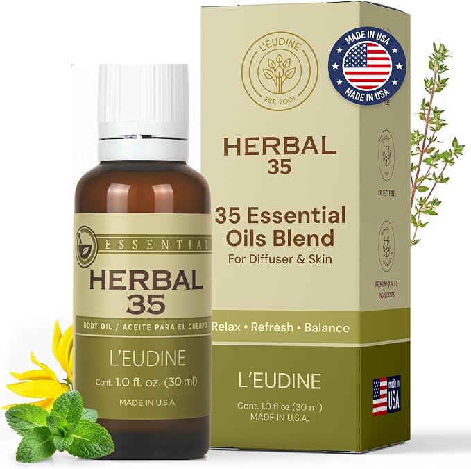 L’EUDINE Herbal 35 Essential Oil Blend 3-Pack-35 Natural Extracts, Peppermint, Eucalyptus & Lavender-Relaxing Aromatherapy Oil for Diffuser, Massage & Stress Relief-Pure Wellness, 3 Fl Oz